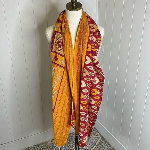 Handmade Reversible Scarf Made From Recycled Saris Red Orange Tan Mixed Media - Picture 1 of 6